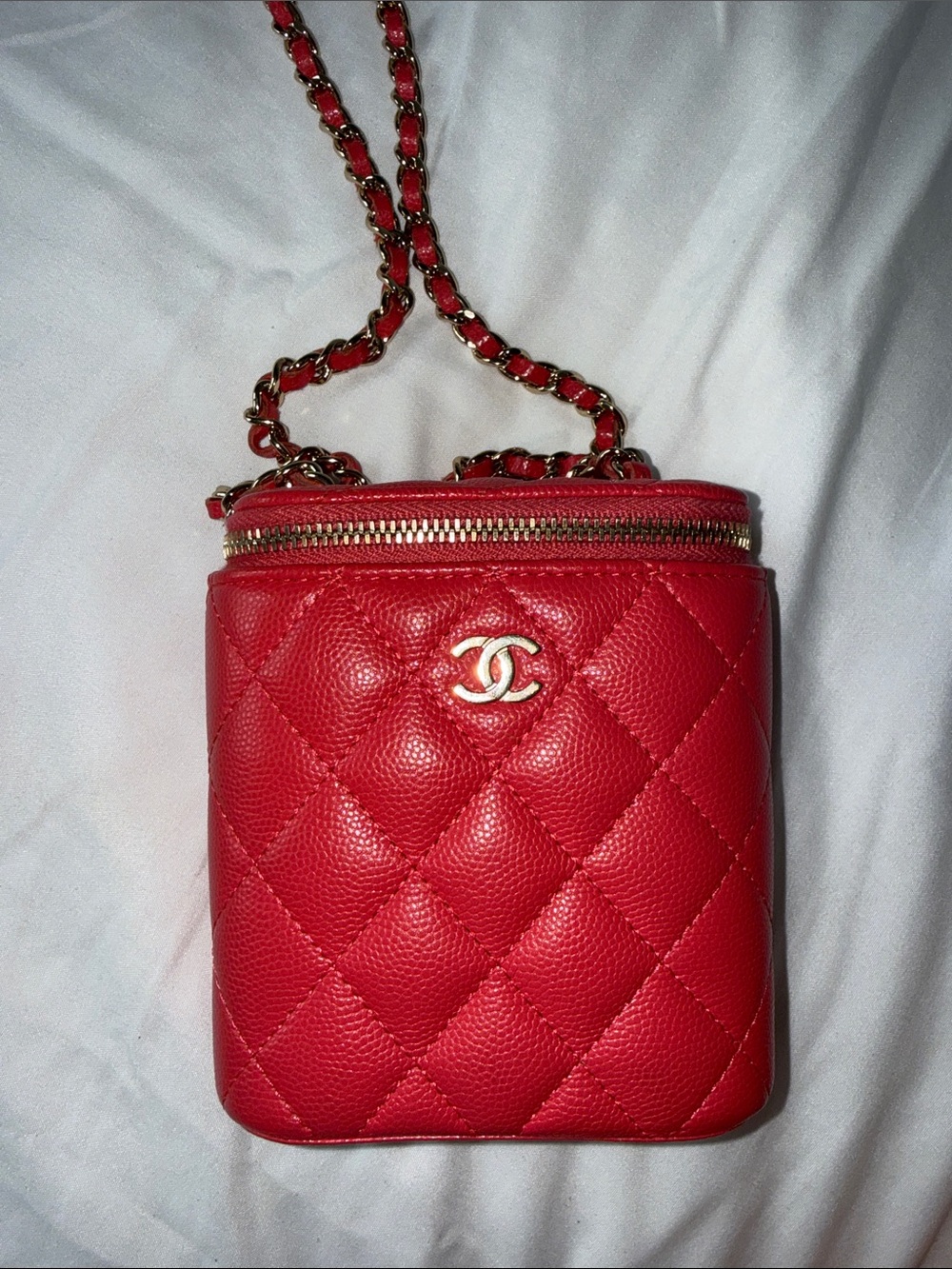 CHANEL Red Quilted Leather Crossbody with Gold Chain